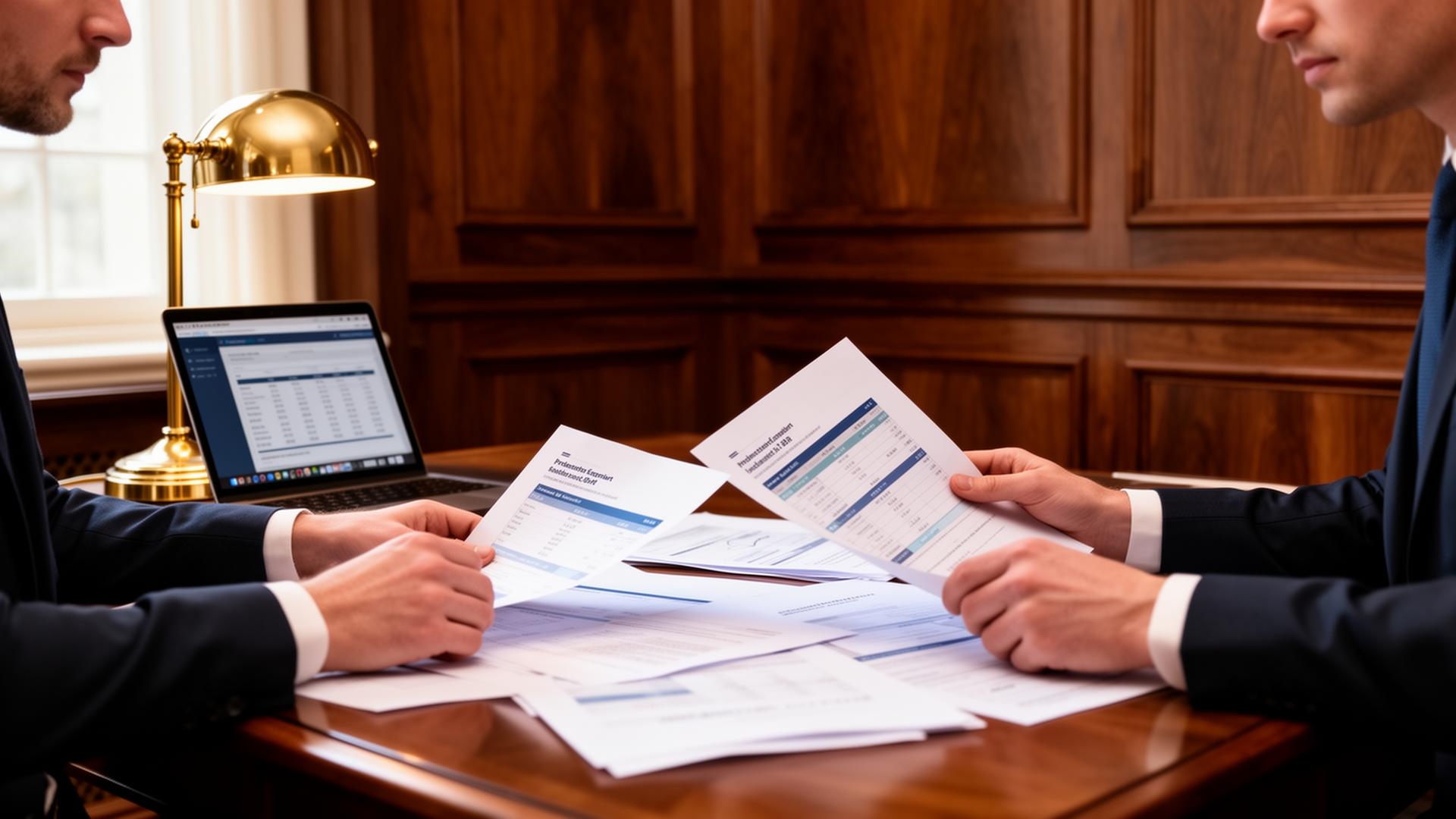 Two investment professionals reviewing financial documents in a wood-paneled office